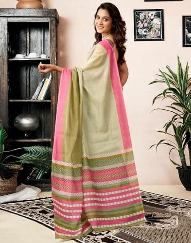 SIRIL Women's Chanderi Cotton Printed Ready to Wear with Pocket Saree with Unstitched Blouse Piece (47RS434_Green) 4