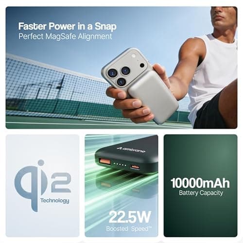 Ambrane [New & Faster] Qi2 & MagSafe Wireless 10000mAh Powerbank, Improved 15W Faster Wireless Charging, 22.5W Wired Output, Qi2 Certified, Fast Charging, 22.5W Output, For iPhone (Snap 2,Black/Green) 2