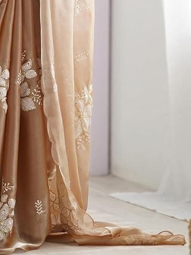 Flosive Women's Shimmer Organza Sequence Embroidery Saree With Unstitched Blouse Piece (CREAM) 5