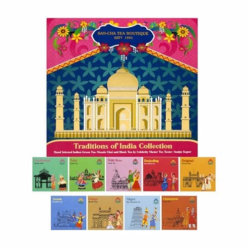 SAN-CHA Tea Boutique, Traditions of India Collection, Luxury Tea Gift Box, 9 Assorted Teas Hamper, 225g Loose Leaf Green & Black Teas, Wellness Gift Set