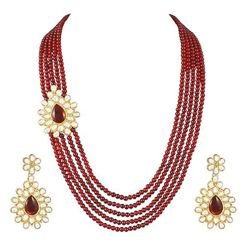 Peora Indian Traditional 18K Gold Plated Kundan Pearl Maroon Long Necklace with Earring Jewellery Set for Women Girls 4