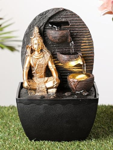 VIVARS Lord Shiva Water Fountain for Home and Office - Golden-Brown led Light Table Fountain for Living Room or Gifting Purpose