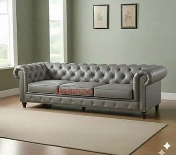 Classic Leatherette Chester Sofa Set Button Tufted, Classic Style Sofa Set 3-Person Sofa for Living Room, Office, and Hallway Colour (Grey Leatherette, 3 Seater Sofa)