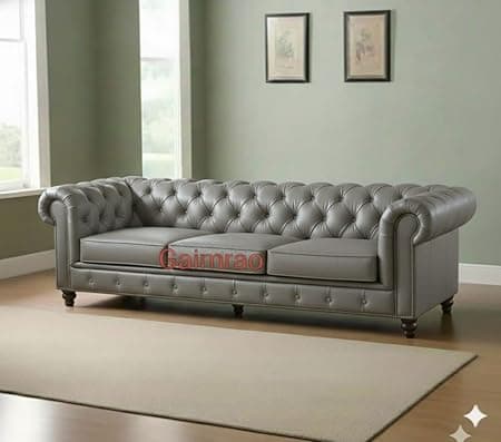 Classic Leatherette Chester Sofa Set Button Tufted, Classic Style Sofa Set 3-Person Sofa for Living Room, Office, and Hallway Colour (Grey Leatherette, 3 Seater Sofa)