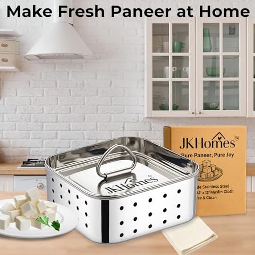 JKHomes Paneer Maker Steel | Stainless Steel Paneer Maker Mould Press with Muslin Cloth | Paneer Press for Homemade Paneer & Tofu | Rust Resistant, Easy to Clean (700ml) 3
