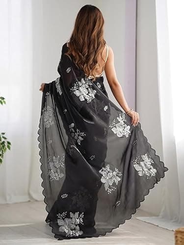 Flosive Women's Shimmer Organza Sequence Embroidery Saree With Unstitched Blouse Piece (BLACK) 2