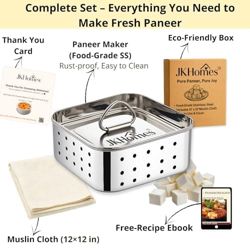 JKHomes Paneer Maker Steel | Stainless Steel Paneer Maker Mould Press with Muslin Cloth | Paneer Press for Homemade Paneer & Tofu | Rust Resistant, Easy to Clean (700ml) 4