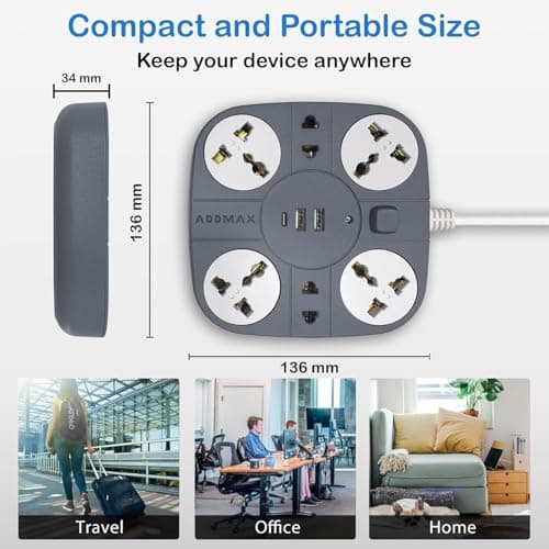 ADDMAX Extension Board with USB | 6 Power Sockets, 2 USB Ports + 1 Type-C Port | 3 Meter Heavy Duty Cord | 10A 220V Multi Plug Extension Cord | Fireproof Power Strip for Home, Office & Laptop – Grey 5