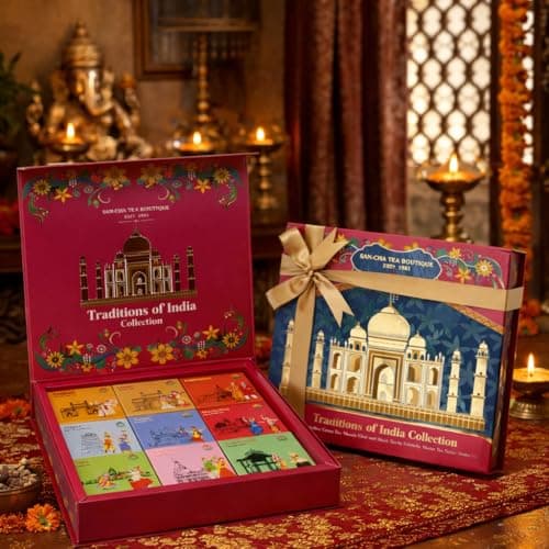 SAN-CHA Tea Boutique, Traditions of India Collection, Luxury Tea Gift Box, 9 Assorted Teas Hamper, 225g Loose Leaf Green & Black Teas, Wellness Gift Set 3
