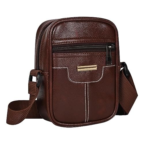 Pramadda Pure Luxury Elegant Milan SMALL Leather Sling Bag for Men Women | Classic Chest Slinger | Mobile Pocket Sling Bags for passport documents essential items| corporate gifts items. (Brown)