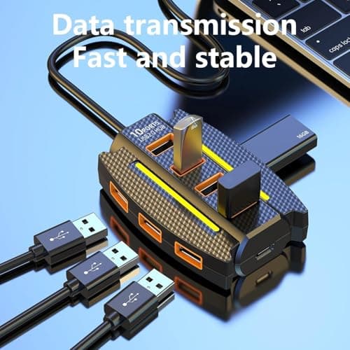 SPIN CART 10-Port USB 2.0 Hub with RGB Lighting, High-Speed Multi Hub Splitter, 1.2m Cable, Power Adapter, Carbon Fiber Pattern Design for Desktop, Laptop 2