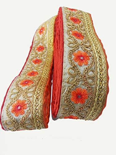 HIMAN FRENJNI Ethnic Wear Embroidery Gold Design & Sunflower Gota Lace Border for Saree, Dupatta, Kurti etc Decoration Border Lace 9 Meters (Orange) (Made in India)