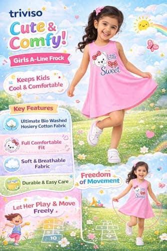 Triviso Baby Girls Soft Cotton Hosiery Summer Dress|Kid Girls Aline Frocks| Sleevless midi Dresses for 3 Month to 6 Years Pack of 3 4