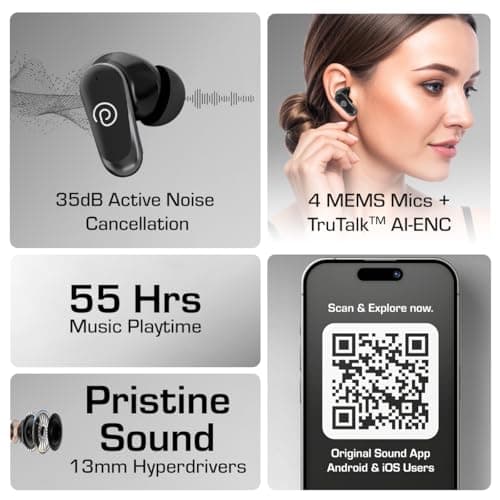 pTron Bassbuds Zen TWS Earbuds w/ 35dB ANC, Quad MEMS Mic, ENC Calls, 55Hrs Playtime, Custom EQ, App Support, BT6.0, Dual-Device Pairing, 40ms Low-Latency, IPX5, 13mm Driver (Black) 2