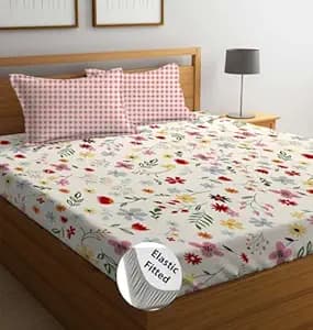 LOOMLYFE 300 TC Cotton Feel Glace Cotton Elastic Fitted Printed Super King Size Bedsheet with 2 Pillow Covers Fits Upto 12 inches Mattress,Size- 72X78 Inches, RedPinkflower