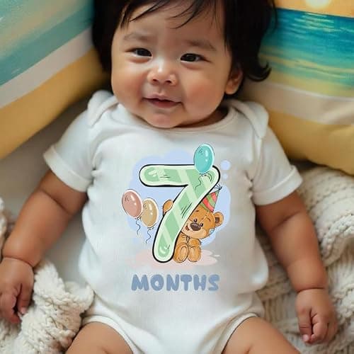 KNITROOT Monthly Birthday Teddy Special Newborn Baby White Color Half Sleeve Unisex 100% Cotton Romper, Sleepsuit, Body Suit, Envelope Neck, 7 Months Print, 6-9 Months, Infant Cloth for Boys & Girls 3