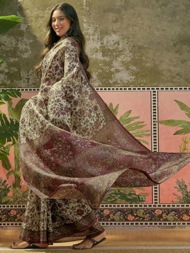 SIRIL Women's Cotton Printed Saree with Unstitched Blouse Piece (5193S572_Beige1) 2