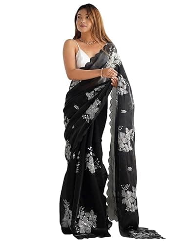 Flosive Women's Shimmer Organza Sequence Embroidery Saree With Unstitched Blouse Piece (BLACK)
