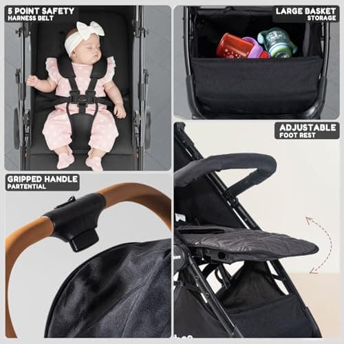 Baybee Baby Stroller Pram with Car Seat for Baby Boy Girl 0 to 3 Years with Metal Frame, 3-Position Adjustable Seat & Canopy, Bassinet, Parent Handle, 5 Point Safety Belt, Stroller for Kids (Black) 4
