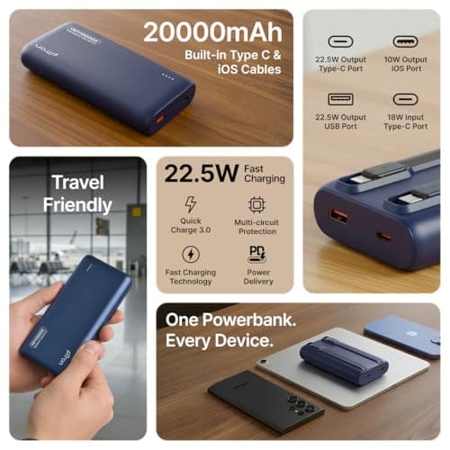pTron 20000mAh Powerbank w/ 22.5W Fast Charging, USB & Type C Output, Built-in Cables, Compatible w/Power Delivery, Quick Charge for iPhone, Android Mobile & Tablets, Dynamo Storm (Indigo Blue) 2