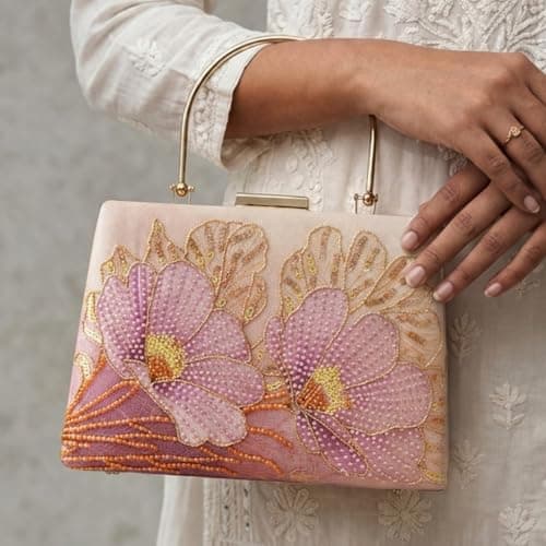 Artklim Printed Blush Pink Embroidery Bag for Women with Detachable Chain Strap | Designer Wedding Festive Evening Handbag 3