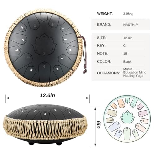 HASTHIP® Steel Tongue Drum 15 Note, 13-inch Percussion Instrument Handpan Drum with Bag, Music Book and Mallets for Kids and Adults Meditation Musical Education Concert Mind Healing Yoga-Black 2