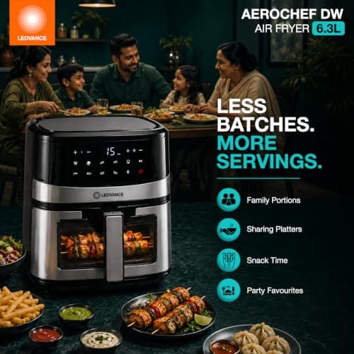 Ledvance Air Fryer | 6.3LCapacity & 1600W | 10 in 1 Functions | Digital & Touch Control Panel | 360°Rapid Air Circulation | 85% Less Oil Usage | Glass View | 9 Pre Heat Settings | 2 Year Warranty 3