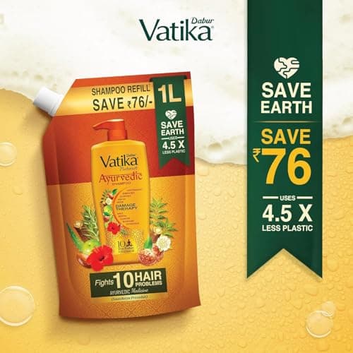 Dabur Vatika Ayurvedic Shampoo Refill Pouch - 1 L | Damage Therapy | Power of 10 Ingredients for Solving 10 Hair Problems | No Parabens | For All Hair Types 3