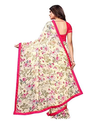 RAJESHWAR FASHION WITH RF Women's Printed Georgette Saree For Women With Lace Border & Blouse Piece(A32 BEIGE_Beige) 4