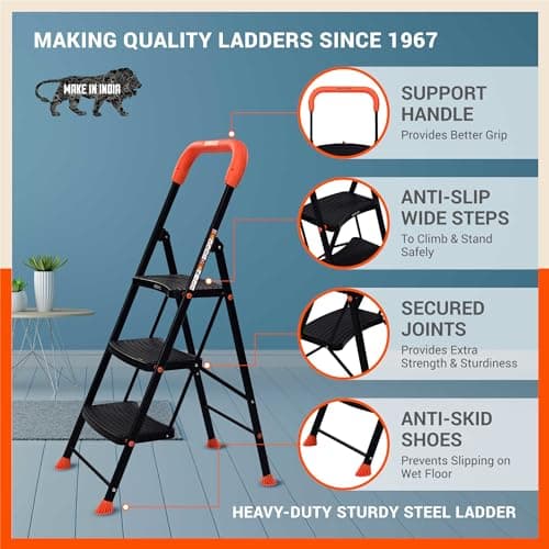 Bathla 3 Step Ascend Steel Ladder for Home Use | Large Platform (36 x 20.5 cm) | Wide Anti-Skid Steps | Safety Hand Grip | Heavy Duty Foldable | 120 kg Capacity | 2-Year Warranty | Orange & Black 2