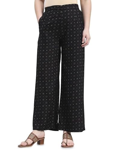 GO COLORS Soft Viscose Printed Palazzo Full Length for Women| Breathable, Mid Rise, Black