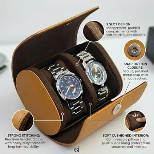 essart Luxury Watch Roll Case – Travel Watch Organizer-Watch Travel Case for 2 Watches | PU Leather Portable Gift Box for Watch Collectors Mustard Color 4