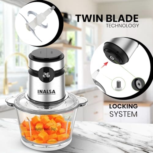 INALSA Electric Chopper For Kitchen With Digital Display|500 Watt Copper Motor|1.8 L Capacity Glass Bowl|Twin Blade Technology|2 Speed Settings|Onion,Vegetable Chopper,Meat Grinder (Bullet Inox Digi) 5