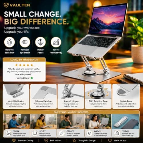 VAULTEN Laptop Stand for Table, Premium Adjustable Laptop Stand Metal with 360° Rotating Base, Ergonomic Foldable Portable Laptop Holder for Desk, Compatible with All Laptops (Wide Compatibility) 2