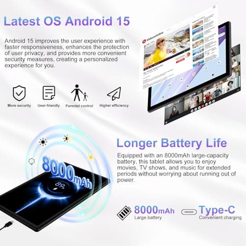 2025 10" Android Tablet 15 Tablets 30GB RAM 128GB ROM 1TB Expand, 8000mAh Octa-Core Tablet with Drop Proof Case, Gemini AI, HD IPS Screen, GPS, 5G WiFi, Split Screen, Widevine L1 - Blue 3