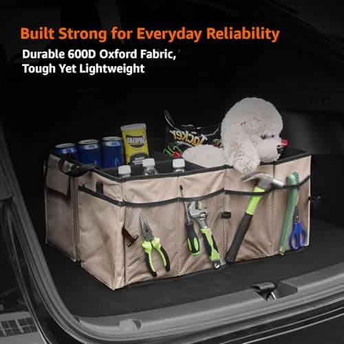 Amazon Basics Car Boot Organizer with 3 Large Compartments & 8 Mesh Pockets | Foldable 600D Oxford Storage Box with Lid & Securing Straps (Beige, 58×43×27 cm) 4