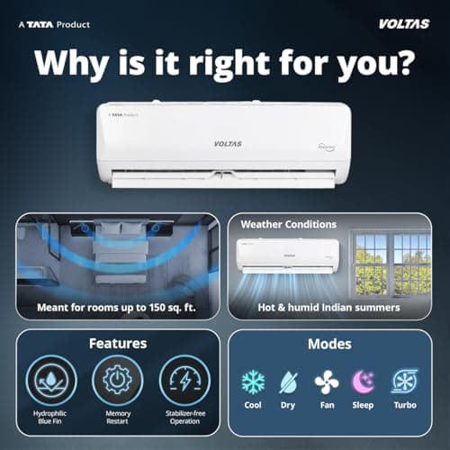 Voltas 2 ton 3 Star,New star rated, Inverter Split AC (Copper, Convertible 5-in-1 Cooling Mode, 2-Way Air Swing, Anti-dust Filter with Anti Microbial Coating, Auto Clean, (243INV CAM, White) 3