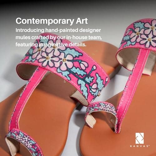 Kanvas Kolhapuri Chappal for Women - Flat Sandals - Ethnic Slippers - Stylish Slip-on - Comfortable - Traditional Footwear - Pink Floral Digital Art Design 3