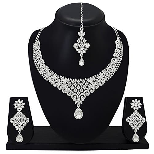 Atasi International Gold Plated Necklace with Earrings and Maang Tikka for Women - Jewellery Set for Party, Wedding, Engagement (Silver) (R1960) 4