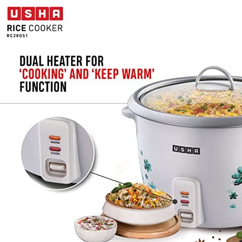 USHA RC28GS1 Steamer 1000 Watt Automatic Rice Cooker 2.8 Litres with Powerful Heating Element, Keep Rice Warm for 5 Hrs, Steamer, Trivet Plate & more accessories, 5 Yrs Warranty (White) 5