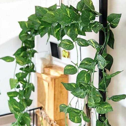 SAUDEEP INDIA Artificial Green Leaf Money Plant Garland | 7.2 Feet Bel Vine Creeper | Realistic Hanging Fake Leaves Ivy | Home Decor for Door, Wall, Balcony, Garden & Festival Decoration (3 Vines)