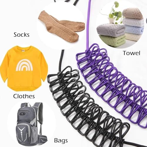 UPRONEX21 Portable Cloth Drying Rope with 12 Built-in Clothespins, Windproof Travel, Elastic Retractable Drying Rope with Hooks for Camping, Hiking, Hotel, Backyard, and Indoor Use (Pack of 1) 2