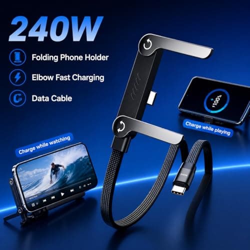 240W USB C to USB C Fast Charging Cable with Foldable Adjustable Phone Stand, PD Type C Braided Charger Cord 1.5M for Gaming, Desk, iPhone 15/16, Samsung, MacBook & Laptops 4