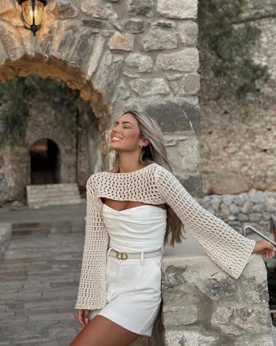 CAMNOW Womens Crochet Crop Tops Y2k Knit Shrug Sweater Hollow Out Long Sleeve Bikini See Through Cover Ups, Beige, S 2