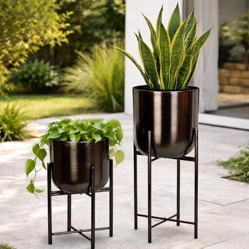 INDIAN DECORMART Metal Planter with Stand (Metallic Dark Grey (Medium & Small))