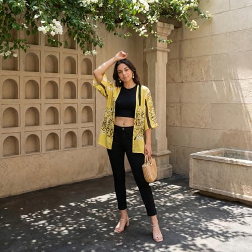 DRESSITUDE Women’s Yellow Printed Kimono Shrug | Open Front Cardigan | Boho Casual Layer | Beachwear Cover-Up for Women-S 4