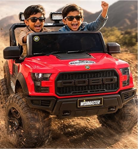 Wishmaster Kids Ride on Car Driving 4 Motors with Bluetooth EV Jeeps for 1, 2, 3, 4, 5, 6 Years | Remote + Steering + Mobile App Control | Birthday Gift (Red)
