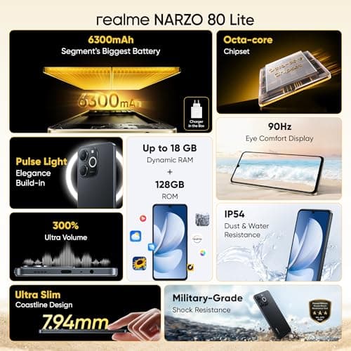 realme NARZO 80 Lite 4G (Obsidian Black 2026, 4GB+64GB) | 6300mAh Segment's Biggest Battery | 7.94mm Slim Design | 300% Ultra Volume | Pulse Light: 9 Colors, 5 Glow Modes | Ai Assist 2