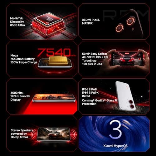 REDMI Turbo 5 (8GB + 256GB) Turbo White | MediaTek Dimensity 8500 Ultra | Mega 7540mAh Battery | 100W HyperCharge | Compact 16.75cm(6.9) 120Hz Display | 50MP Sony OIS Camera | Upto 60% Assured Buyback 3