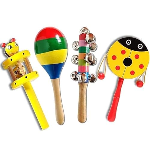 sk handicrafts Handmade Non Toxic Colorful Wooden Baby Rattle Toy - Set of 4 pcs